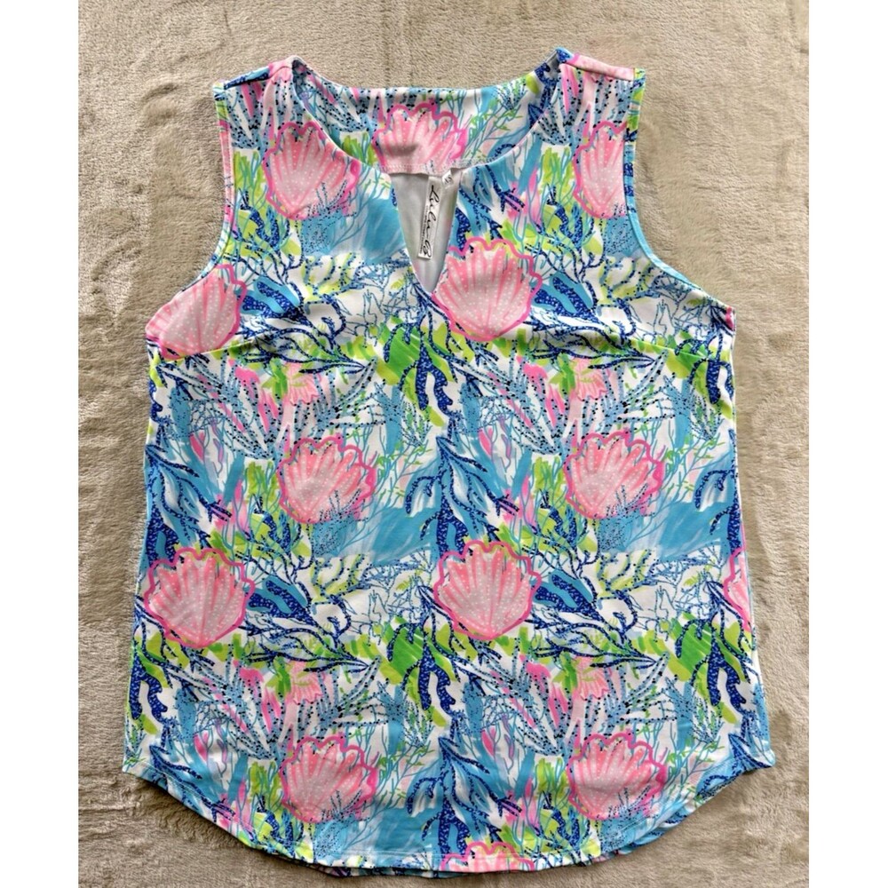 Lulu-B Split Neck UPF 50+ Sleeveless Tank Top Pink Size XS Tropical Resort Wear